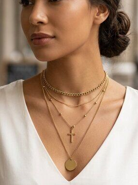 Gold Layered Necklace Cross & Coin Pendant